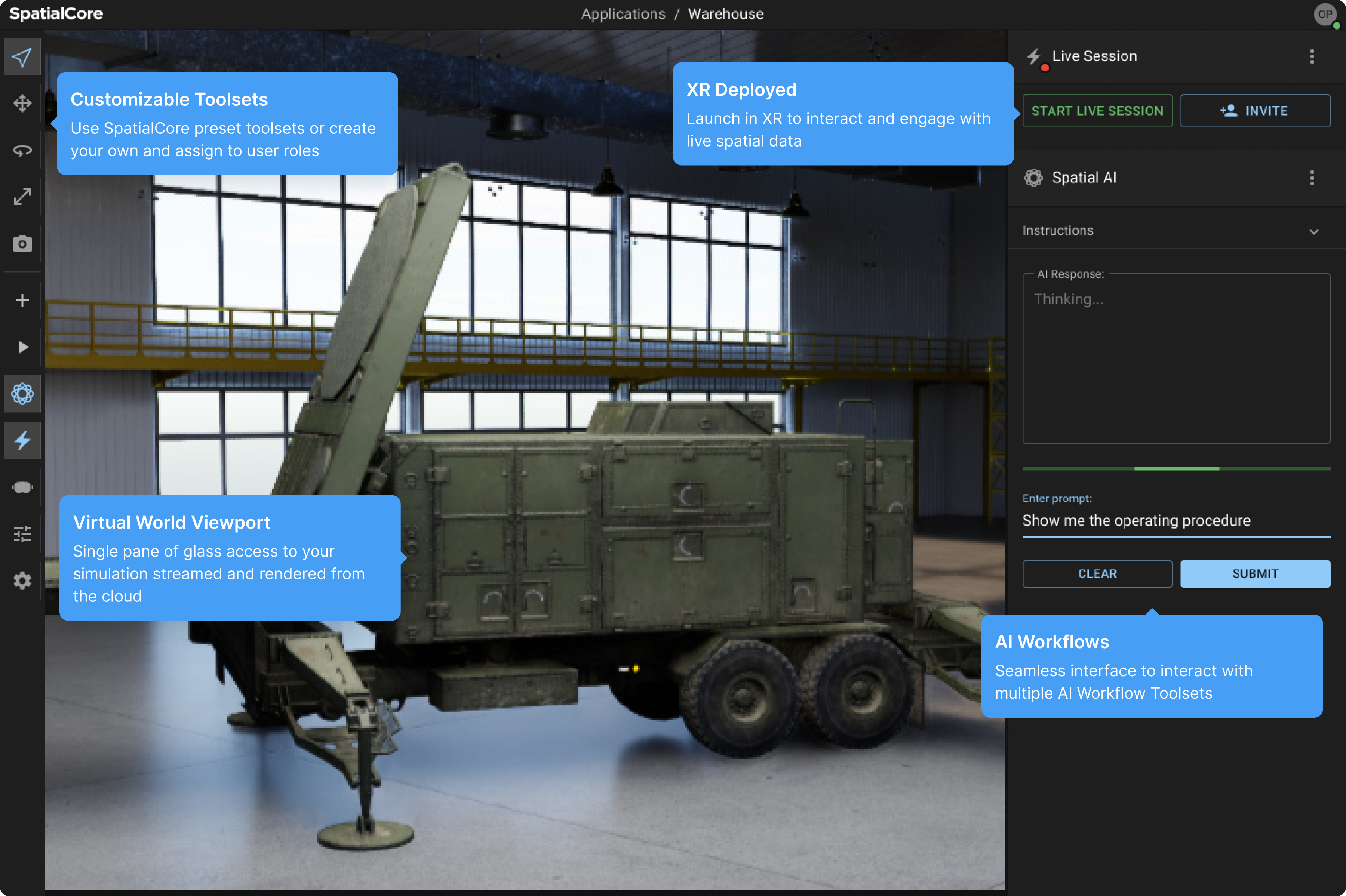 Image of the interface for SpatialCore indicating the different toolsets available